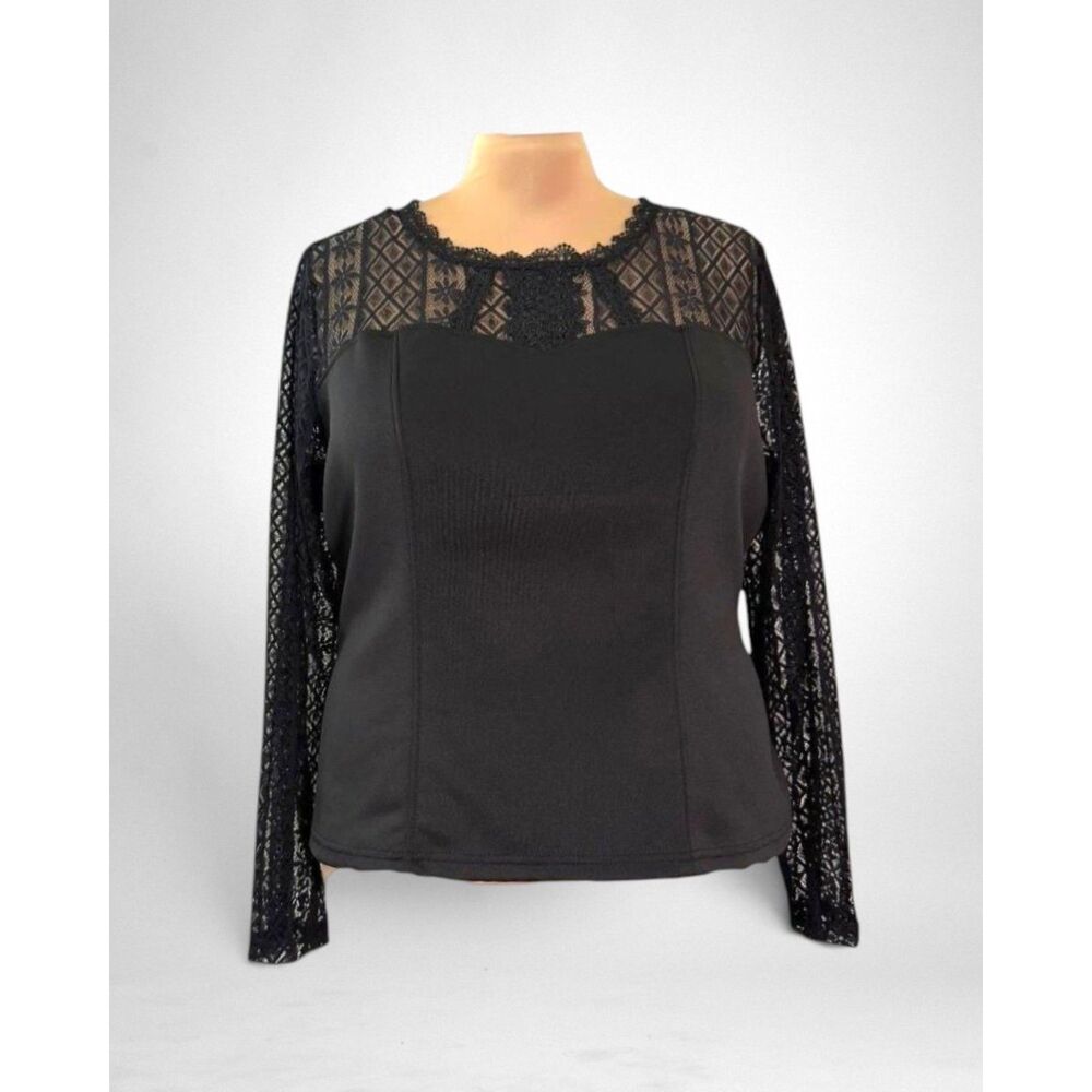 Ashley Stewart Black Blouse with Lace Yoke and Sleeves, NWT! Size 22/24